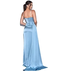 Miss Circle Women's Elayna Pale Blue Strappy Satin Corset High Slit Gown