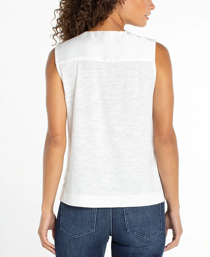 Liverpool Los Angeles Women's Sleeveless V-Neck Woven-To-Knit Top