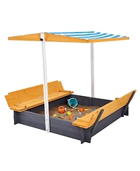 Slickblue Wooden Sandbox with Canopy, Foldable Bench Seats, and Liner