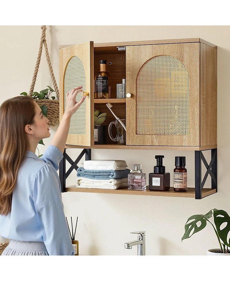 Volenca Wall Cabinet, 2 Doors, Adjustable Shelf, Over-Toilet Storage w/ Open Shelves