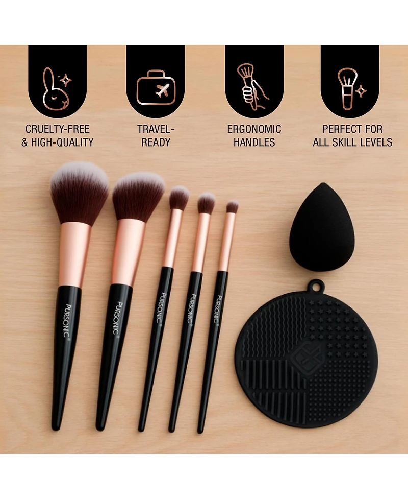 Pursonic 8-Piece Pro Makeup Application Set – 7 Brushes + Blending Sponge