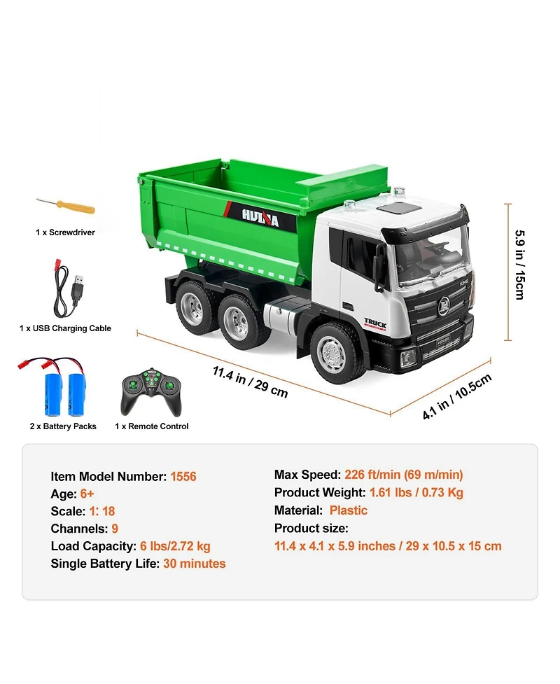 Mecale Rc Dump Truck Toy, 9-Channel 1:18 Scale Remote Control Construction Vehicle with Lights & 2 Rechargeable Batteries