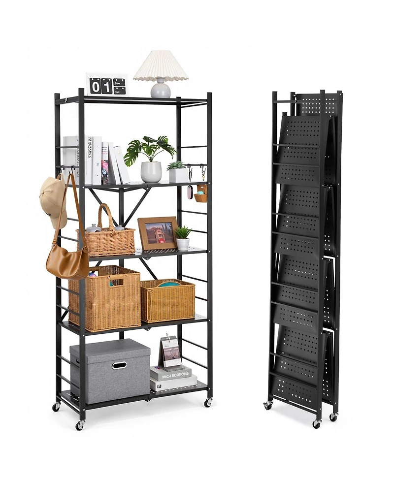 Ecooso 5-Tier Foldable Storage Shelf, 32"W x 14"D x 72"H, No-Assembly Metal Rack w/ Wheels & Hooks
