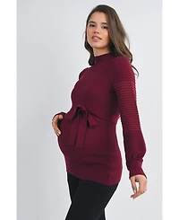 Hello Miz Maternity Mock Neck Long Sleeve Belted Sweater