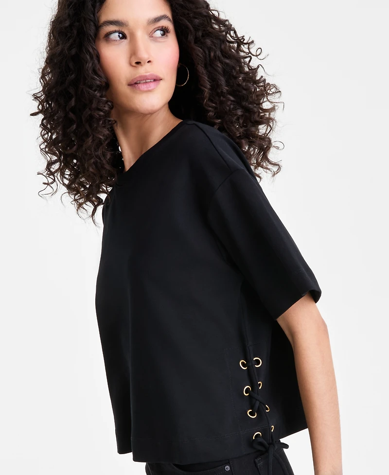 I.n.c. International Concepts Women's Cotton Lace-Up-Hem T-Shirt, Macy's Exclusive