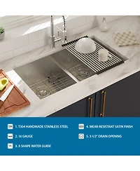 flynama 36x19x10inch 16 Gauge T304 Stainless Steel Undermount 5050 Double Bowl Kitchen Sink with Two 10inch Deep Basins