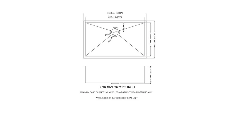 flynama 32x19x9inch Undermount Single Bowl Kitchen Sink 16 Gauge 304 Stainless Steel with Drain Assembly No Additional Accessories