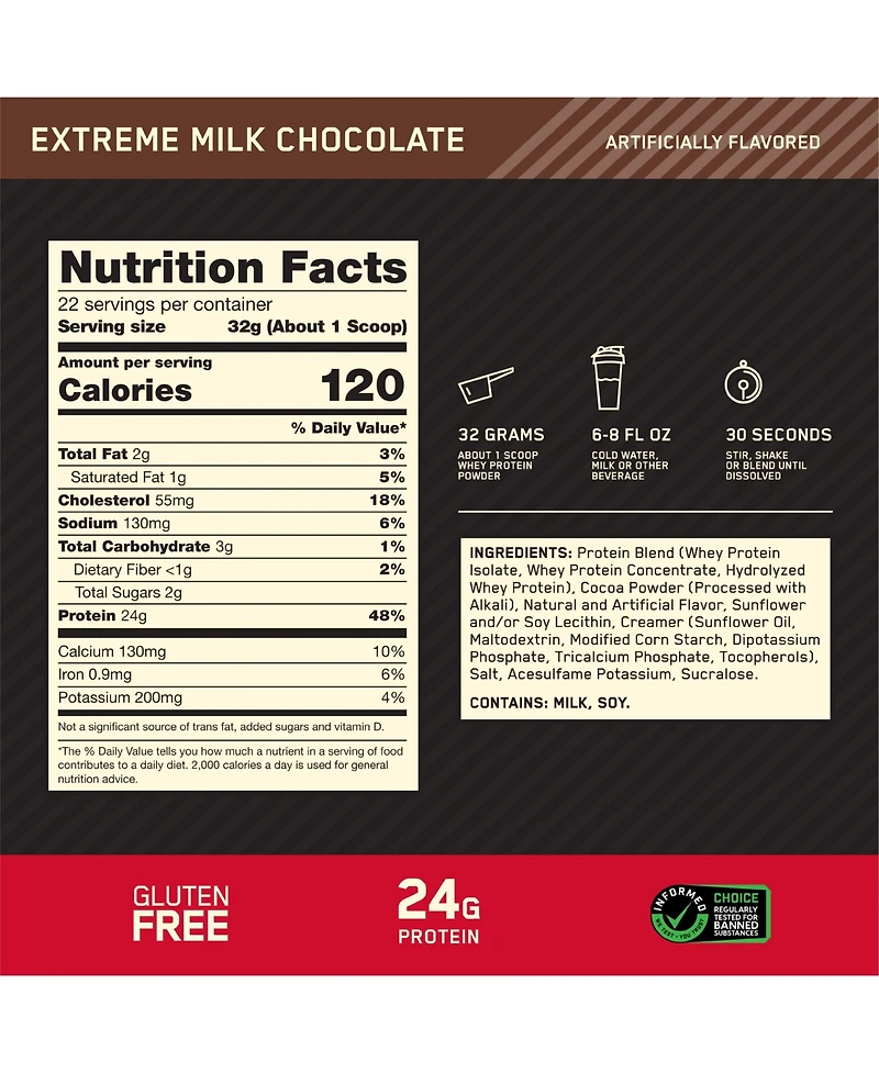 Optimum Nutrition Gold Standard 100% Whey Protein Powder, Extreme Milk Chocolate, 1.5lb Tub