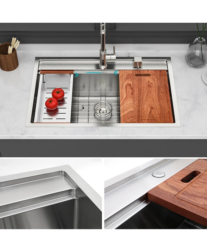 huluwat 33x22x10inch Drop In Kitchen Sink Stainless Steel Workstation Single Bowl 16 Gauge Topmount