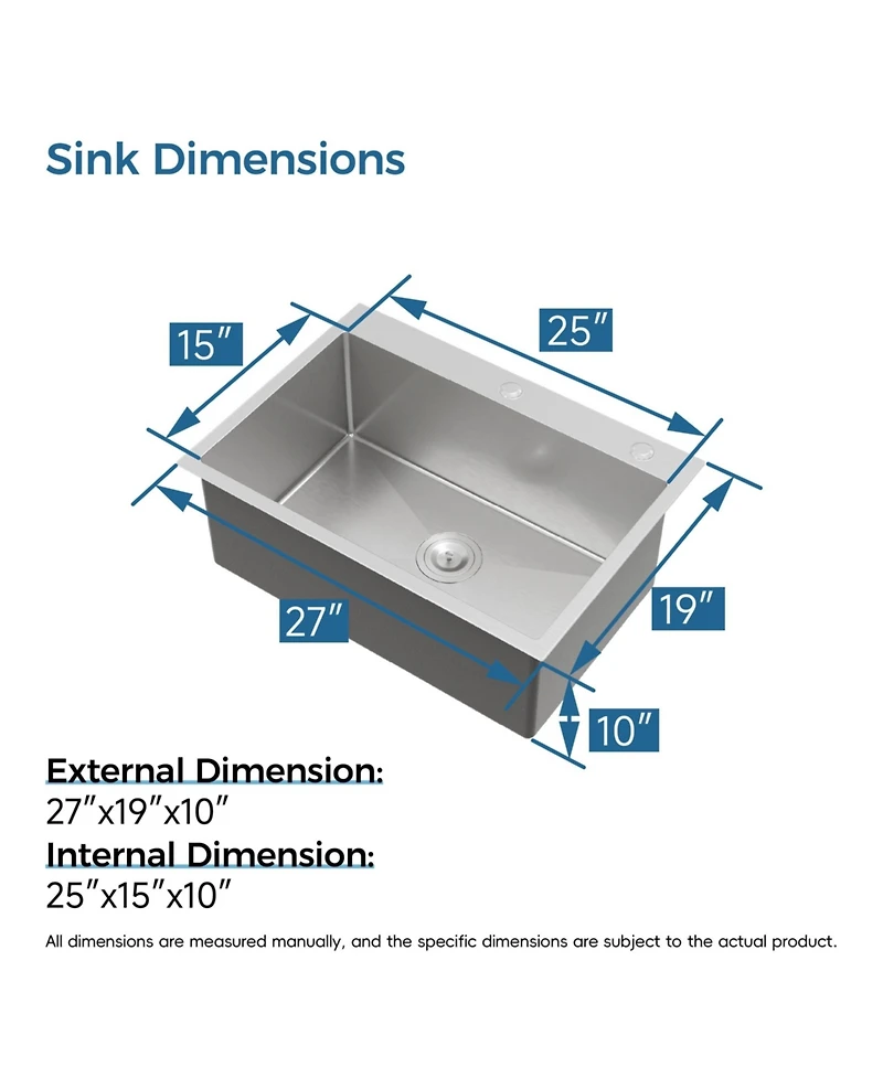 flynama Overmount Single Bowl Dark Gray 304 Stainless Steel Handmade Kitchen Sink with Us Standard Drain and Hook