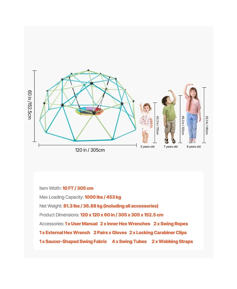 Slickblue Climbing Dome, 10FT Geometric Dome Climber with Saucer Swing
