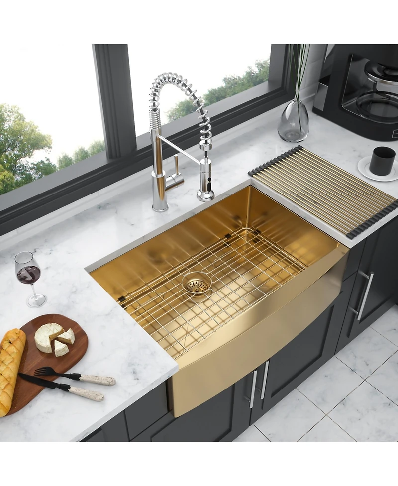 flynama 33x21x10inch Gold Farmhouse Kitchen Sink Stainless Steel Apron Front 16 Gauge