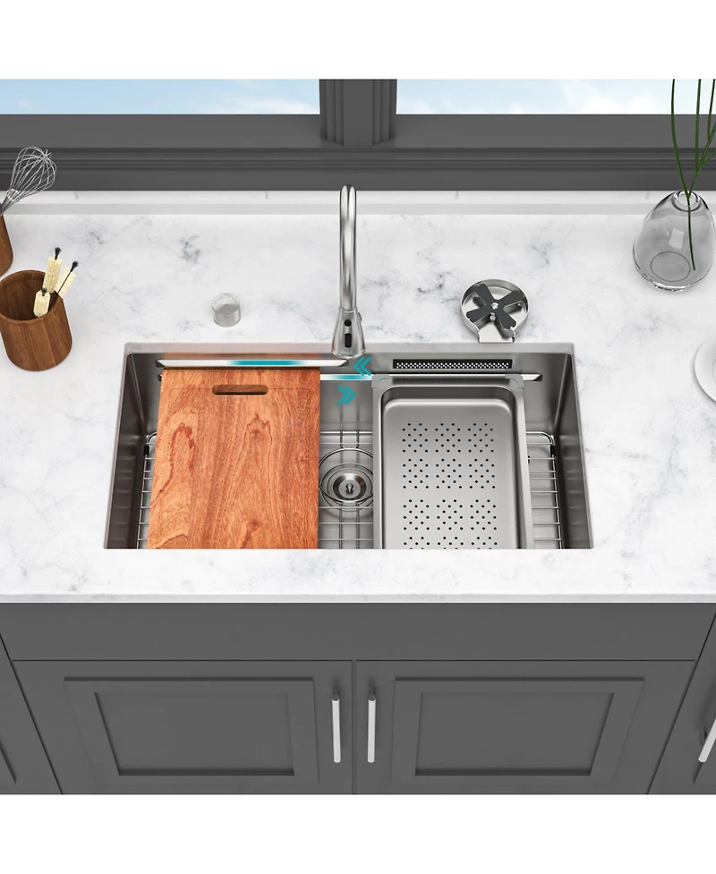 flynama 33x16.72x10inch Undermount Waterfall Kitchen Sink Stainless Steel Workstation with Faucet
