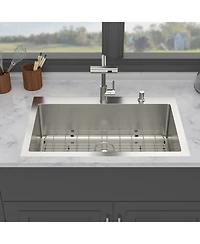 Flynama 33x22x10inch Drop in Kitchen Sink with Pull Out Faucet 16 Gauge Stainless Steel Single Bowl