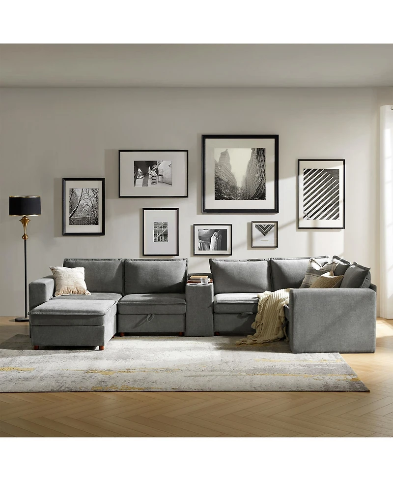 Hulala Home Buelow 144” Modern Storage Sectional Sofa With Charging Station And Middle Compartment