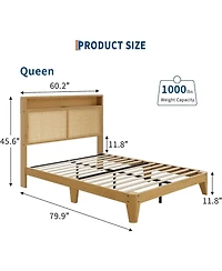 gaomon Rattan Bed Frame with Natural Rattan Headboard, Bohemian Platform Bed with Led