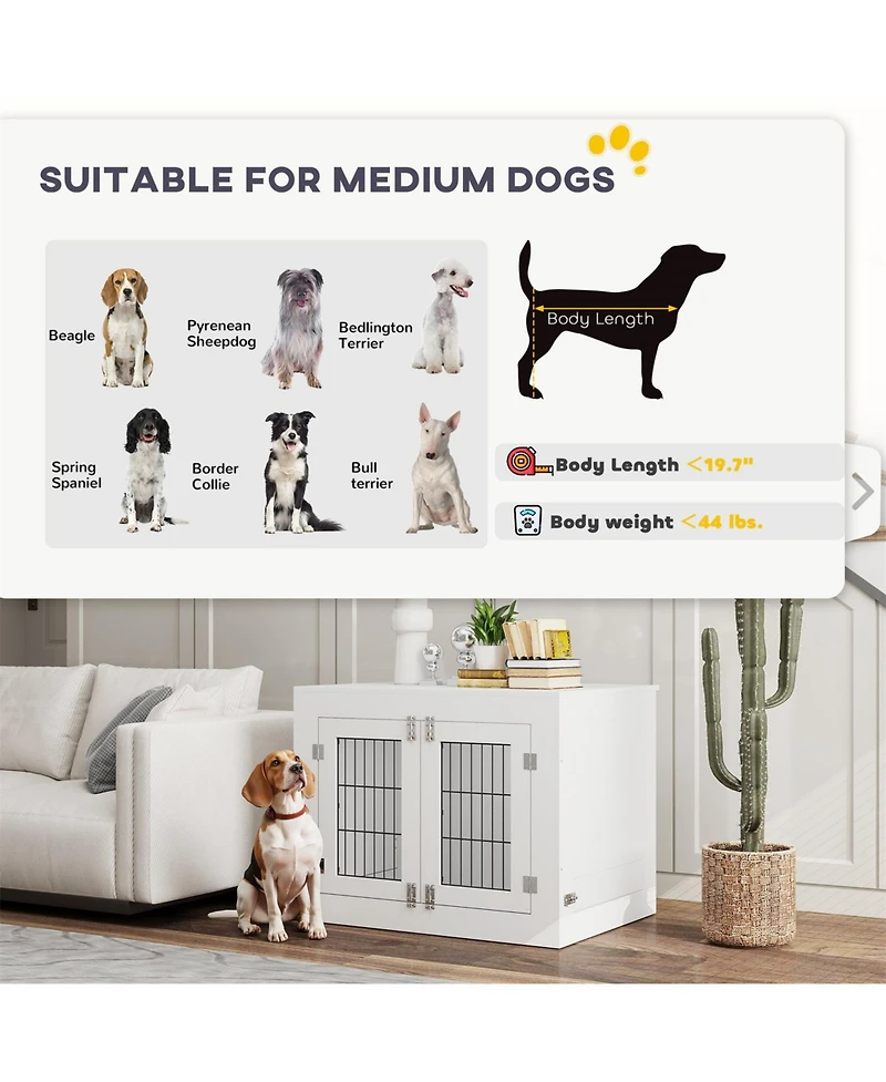 Aostirmotor Dog Crate Furniture with 360° Rotatable Removable Dog Bowls in White