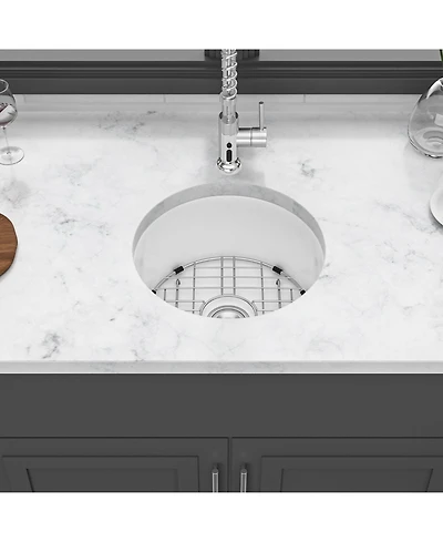 huluwat Porcelain Fireclay Circular Kitchen Sink Dual Mount Single Bowl with Grid