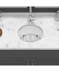 huluwat Porcelain Fireclay Circular Kitchen Sink Dual Mount Single Bowl with Grid