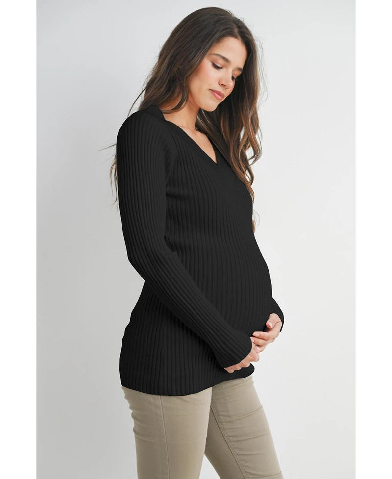 Hello Miz Maternity Ribbed Knit V Neck Long Sleeve Sweater