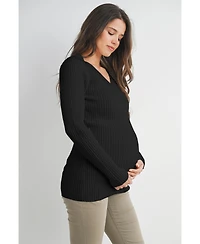 Hello Miz Maternity Ribbed Knit V Neck Long Sleeve Sweater