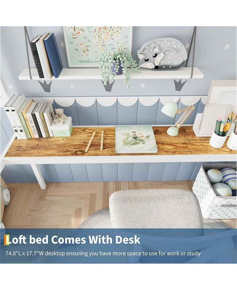 gaomon Loft Bed Twin with Large Desk and 2-Tier Storage Shelves, Heavy Duty Metal Ladder Guardrail