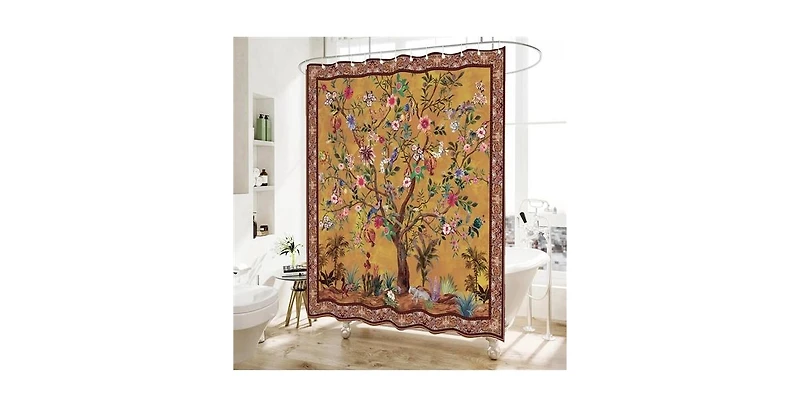 Slickblue 72-inch Brown Red Orange Green Floral Tree Birds Plants Flowers Shower Curtain