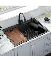 flynama 36x22inch Gunmetal Black Workstation Kitchen Sink 16 Gauge Stainless Steel with Accessories