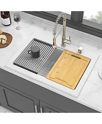 flynama 30x22x10inch White Quartz Composite Drop in Kitchen Sink Workstation Granite Deep