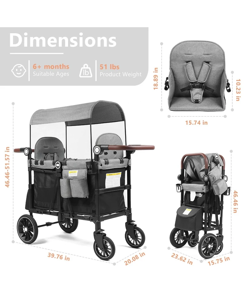 Kinder King All-Terrain Wagon Stroller for Two Kids with Canopy, Snack Tray and Shock-Absorbing Wheels