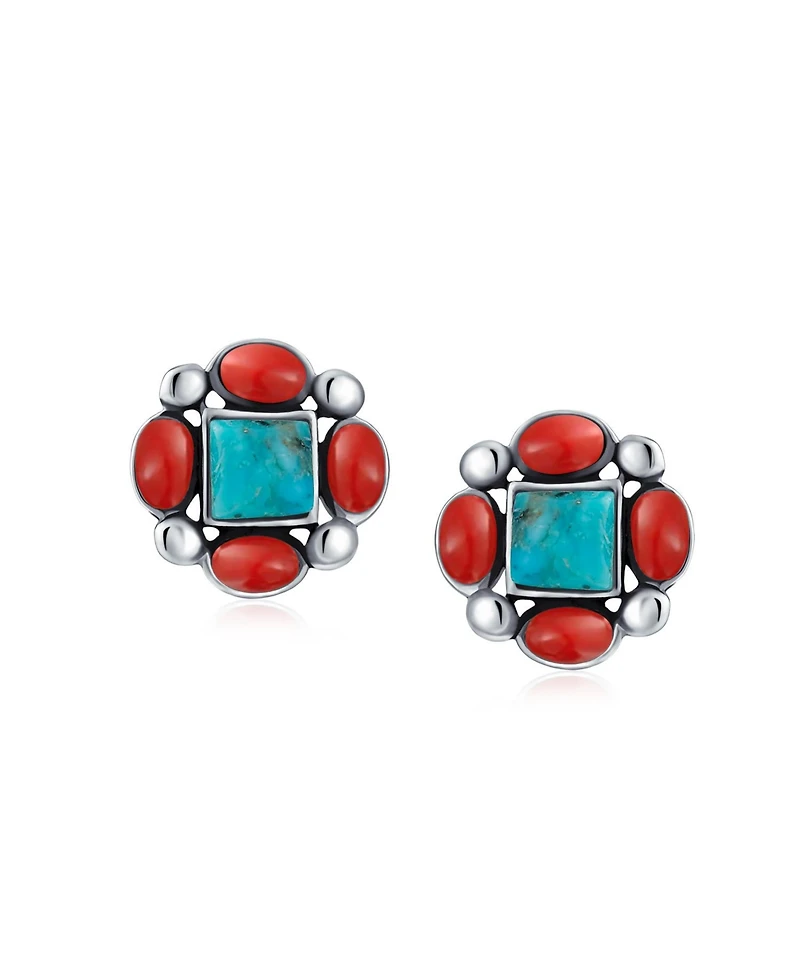 Bling Jewelry Western Native-American Style Turquoise & Red Stud Earrings .925 Sterling Silver