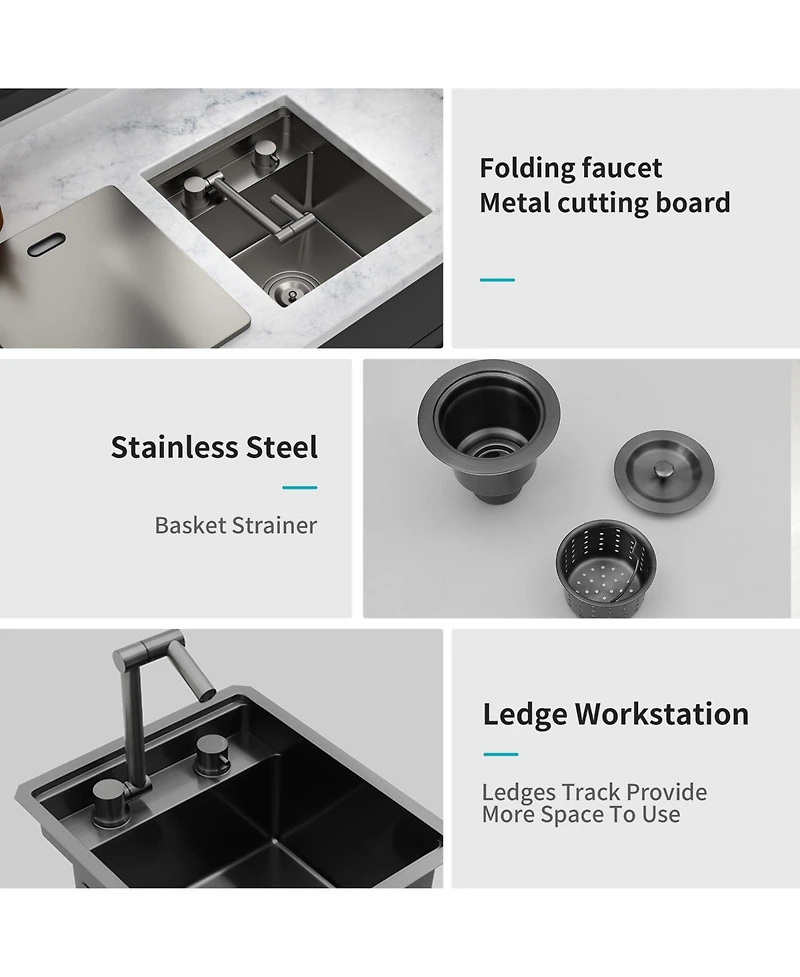 flynama 15x17x9inch Undermount Bar Sink with Folding Faucet Single Bowl 16 Gauge Gunmetal Black