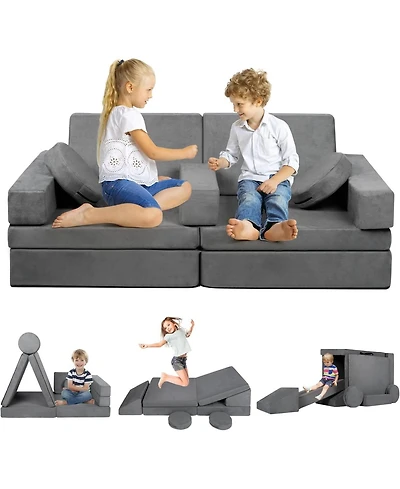 Kinder King 9-Piece Kids Modular Play Sofa, Convertible Foam Couch for Playroom, Grey