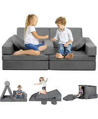 Kinder King 9-Piece Kids Modular Play Sofa, Convertible Foam Couch for Playroom, Grey
