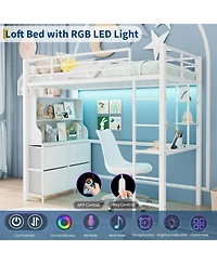 gaomon Twin Loft Bed with Desk, 4 Large Fabric Drawers and Open Shelves, Heavy Duty Metal Led Lights