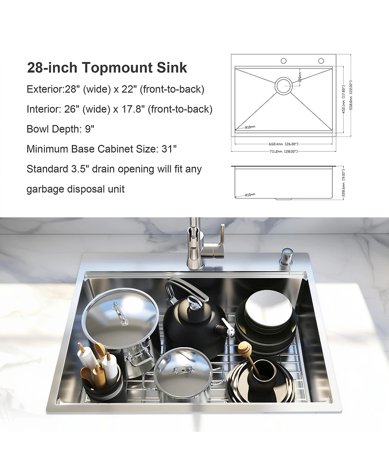 flynama 28x22inch Stainless Steel Workstation Sink Drop In Single Bowl 18 Gauge with Accessories