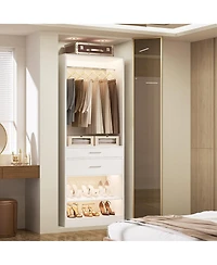 Aheaplus Closet Organizer with Wood Drawers and Shoe Rack, Freestanding Closet System with Hanging Rods