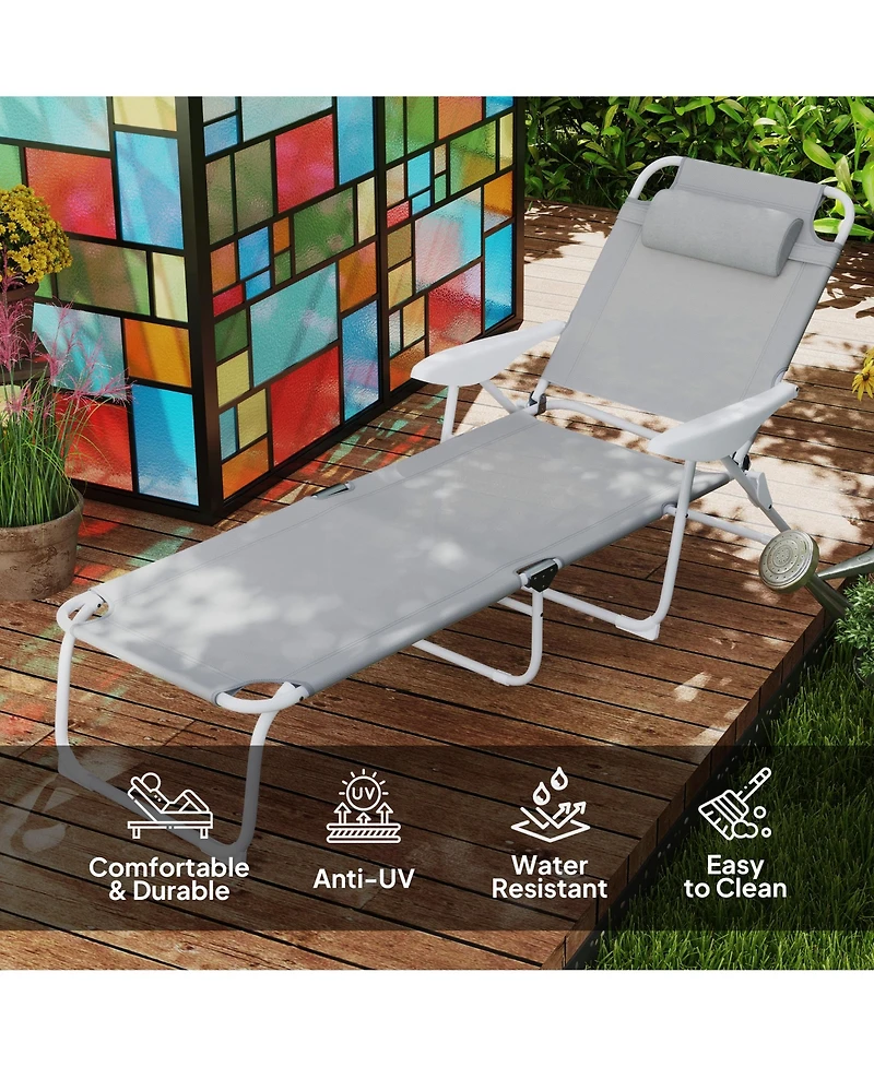 Outsunny Folding Chaise Lounge, Outdoor Sun Tanning Chair, Four-Position Reclining Back, Armrests, Iron Frame & Mesh Fabric for Beach, Yard, Patio, Bl