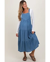 Pinkblush Women's Blue Chambray Overall Tiered Maternity Midi Dress