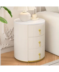Cesicia Round Upholstered Nightstand Bedside Table with 3 Drawers, Metal Handles, Marbling Stickers Top for Bedroom, Fully Assembled Except Handles