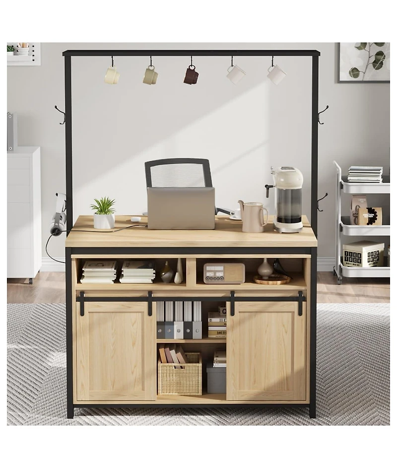 gaomon 42" Kitchen Island with Power Outlet, Rustic Wood Coffee Bar, Sliding Barn Door, 9 Hooks, Open Shelves & Mobile Storage Cabinet