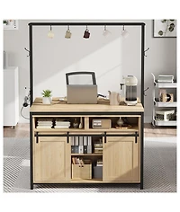 gaomon 42" Kitchen Island with Power Outlet, Rustic Wood Coffee Bar, Sliding Barn Door, 9 Hooks, Open Shelves & Mobile Storage Cabinet