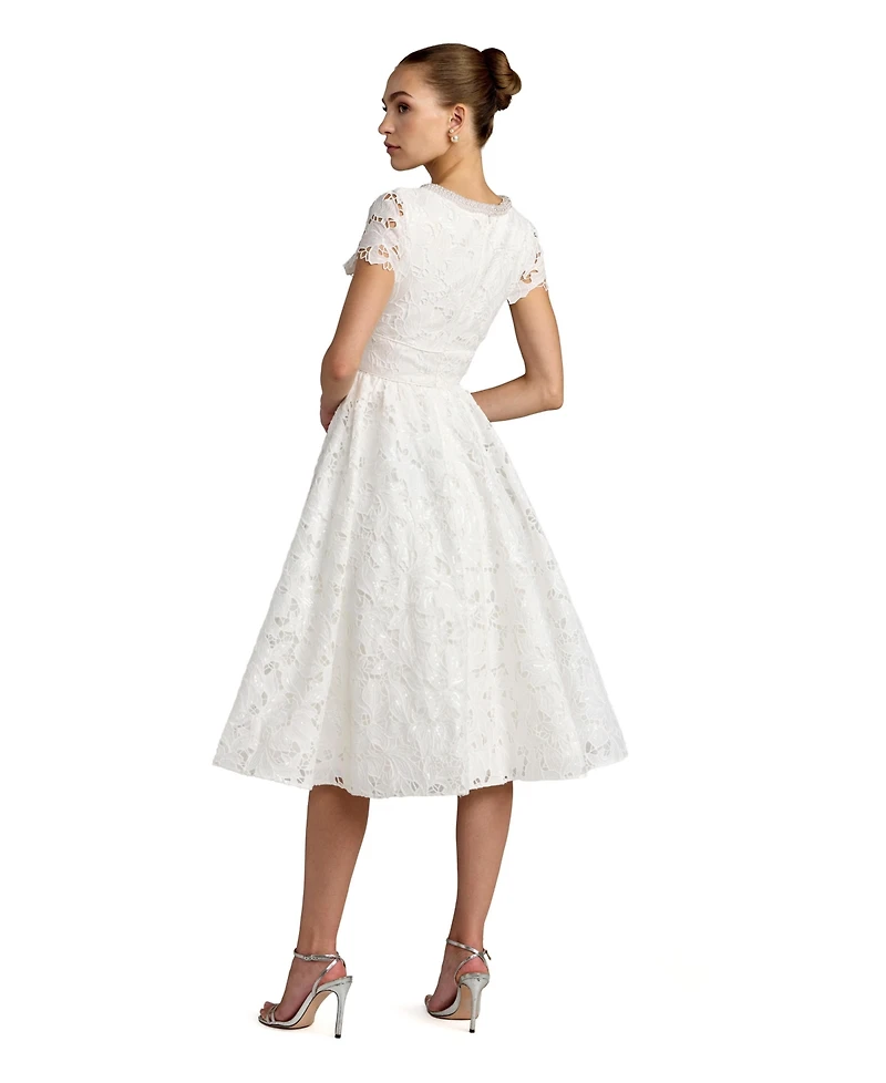 Mac Duggal Petite Lace Embellished Cap Sleeves A Line Midi Dress