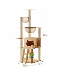 Aostirmotor 59" Modern Cat Tower with Sisal-Covered Scratching Posts in Natural