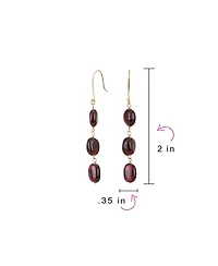 Bling Jewelry Long Linear Yellow 14K Gold Three Oval Natural Garnet Turquoise Tanzanite Dangling Earrings Fish Hook