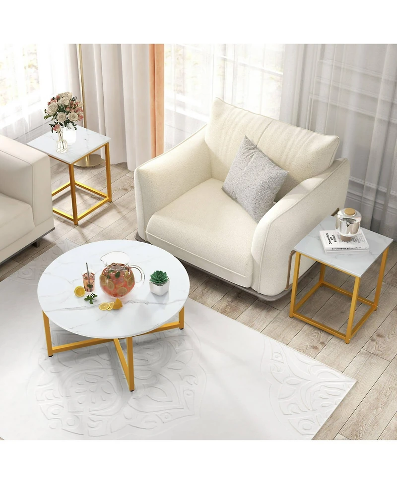 Costway 3 Pcs Coffee Table Set Round and 2 Square End Tables Metal Frame