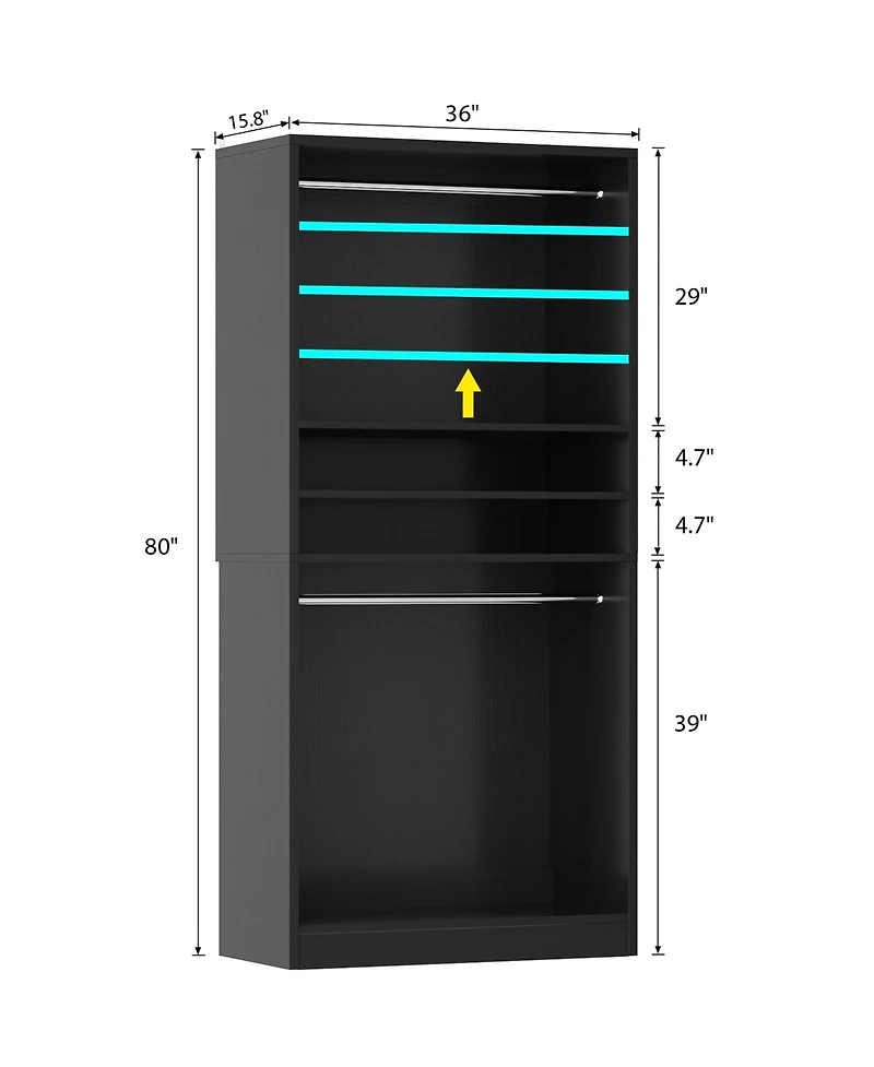 Aheaplus 36" Wooden Closet Organizer with Adjustable Shelves, Freestanding Wardrobe Hanging Rails