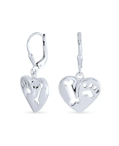 Bling Jewelry I Love My Dog Paw Print Dangle Heart Shape Earrings Animal Lover .925 Sterling Silver Lever back