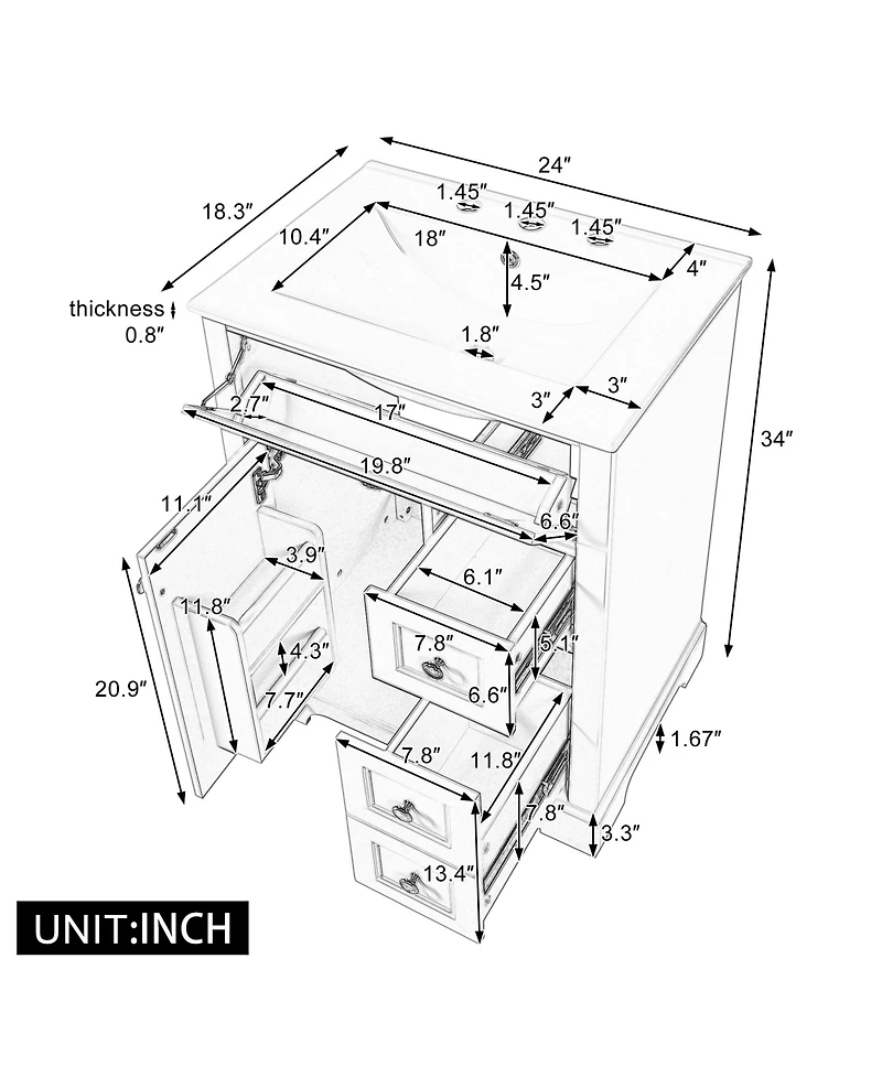 Cesicia 24 in. Bathroom Vanity with Sink, 3 Drawers & Cabinet with 2-Tier Door Storage Rack, Soft-Close Door & Drawers for Small to Medium Bathrooms