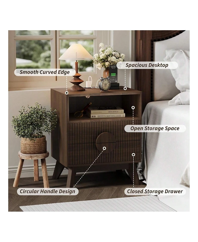 gaomon 2PCS Fluted Night Stand Wood Tall Nightstands With Charging Station Usb Ports And Outlets Nightstand Bedside Table